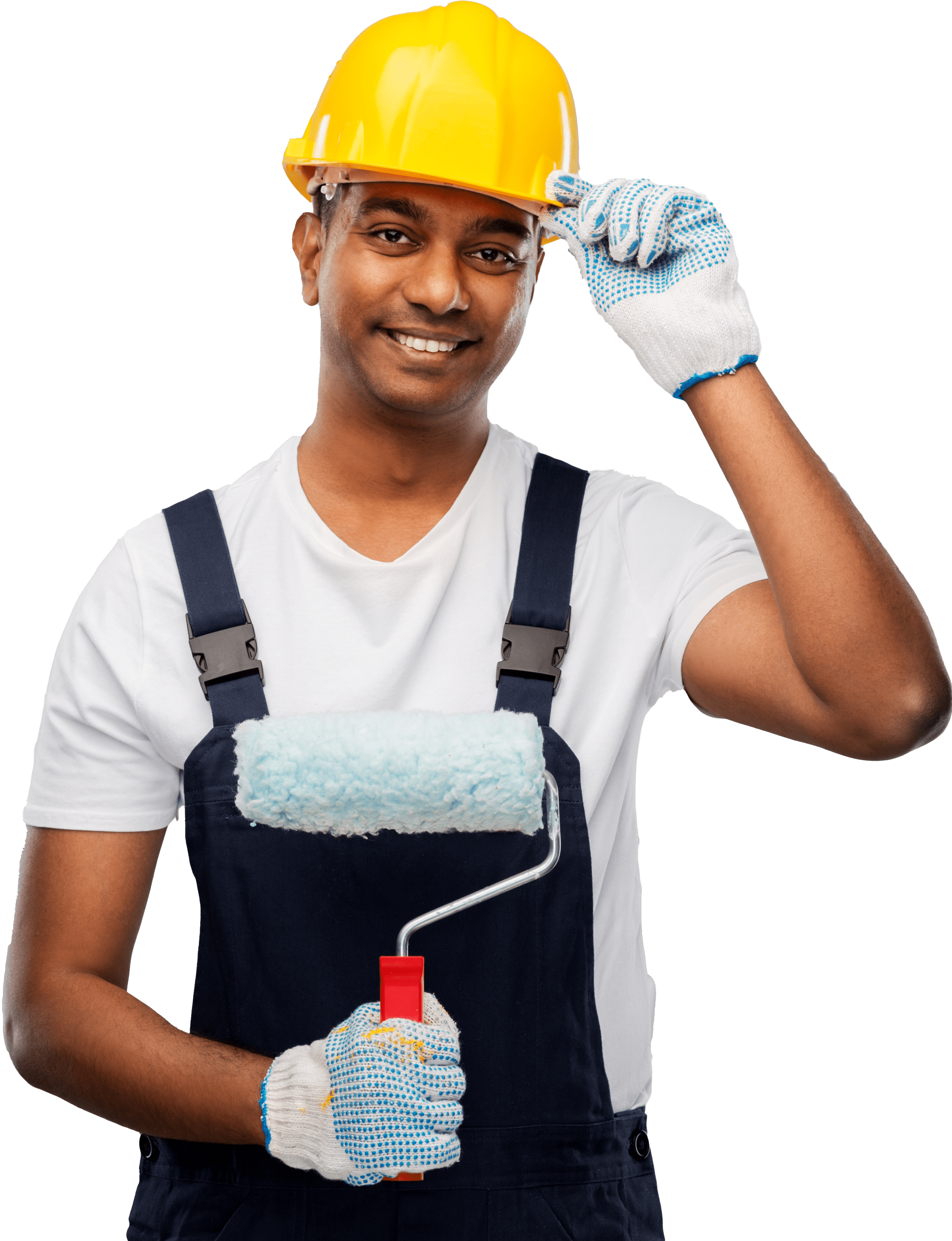 painter smiling wearing safety yellow helmet