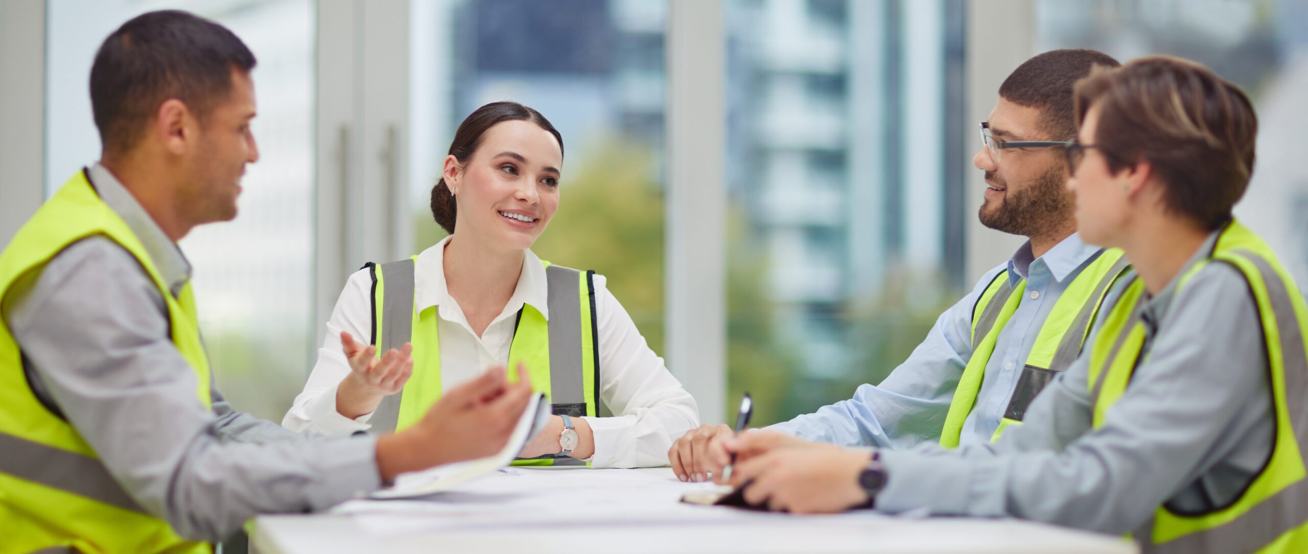 group of young construction workers sitting around the boardroom table during a meeting